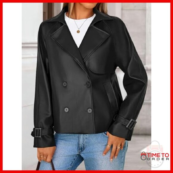 Faux Leather Oversized Moto Jacket Women's Button Coat Fall Winter - Picture 5 of 7